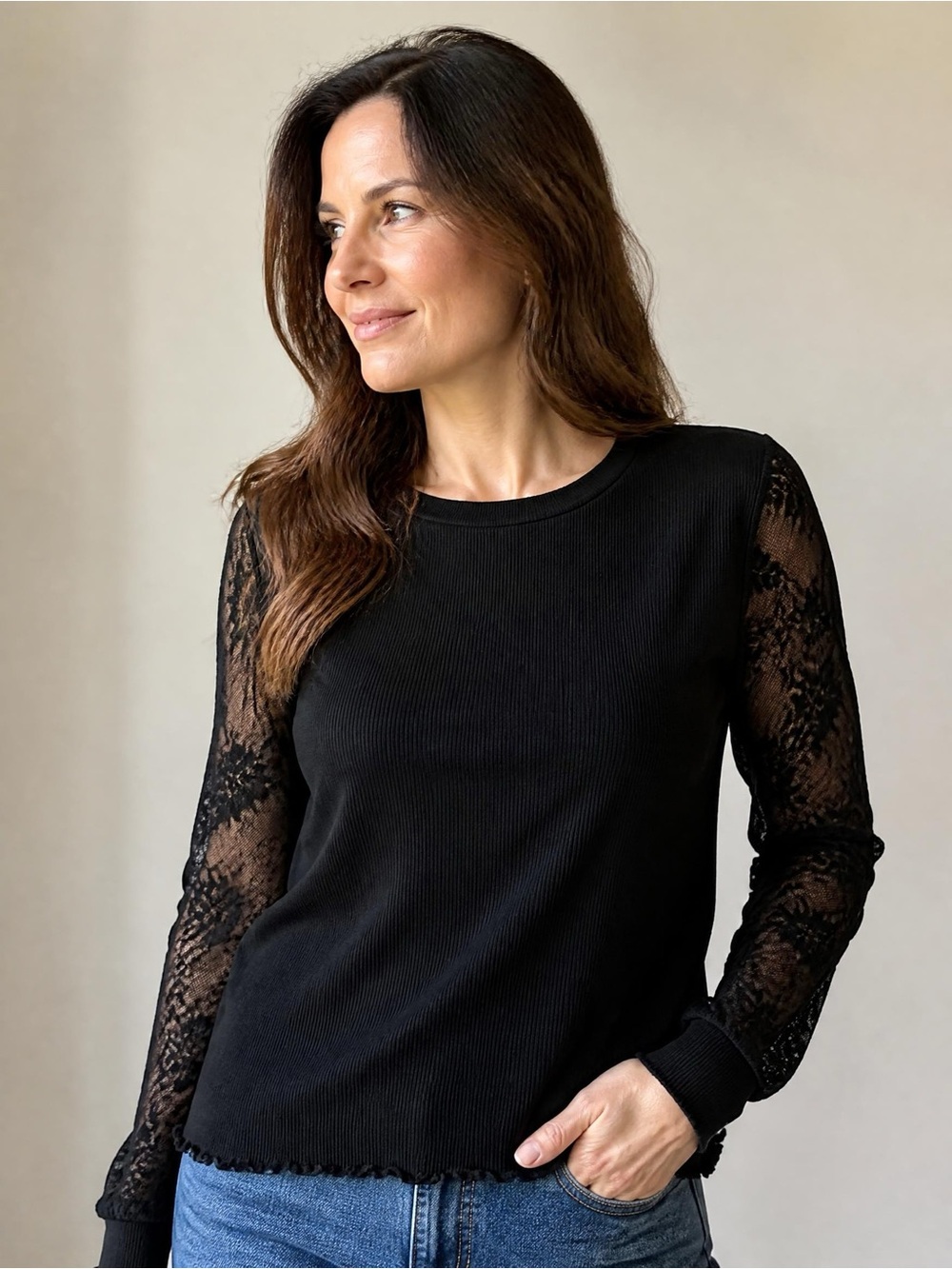 Joseph A’s Women’s Silk & Black Lace-Long Sleeve Top (New with Tag)